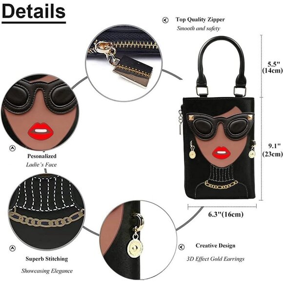 Unique 3D Lady Face PU Leather Satchel Funky Hobo & Crossbody Bags for Women's - Picture 4 of 9